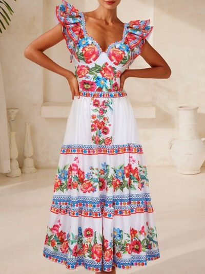 Ruffled Slimming Printed One Piece Swimsuit Women